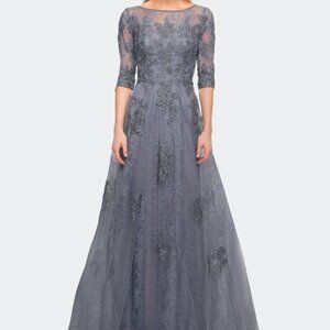 La Femme Slate Blue Shimmer Floral Lace & Tulle Gown